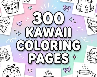 300 Kawaii Coloring Pages Bundle | Cute Coloring Pages for Kids & Adults | Printable Digital PNG Coloring Book
