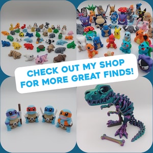 May include: A collection of colorful figurines, including various cartoon characters and a dinosaur skeleton. The image also features four Teenage Mutant Ninja Turtle figurines and the text "CHECK OUT MY SHOP FOR MORE GREAT FINDS!"