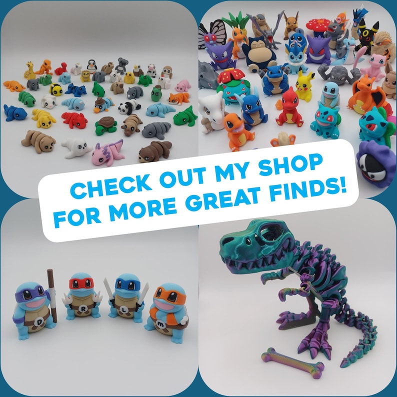 May include: A collection of colorful figurines, including various cartoon characters and a dinosaur skeleton. The image also features four Teenage Mutant Ninja Turtle figurines and the text "CHECK OUT MY SHOP FOR MORE GREAT FINDS!"