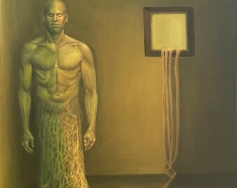 May include: A painting of a nude man with a tree trunk growing out of his lower body. The man is standing in a room with a single window. The window is empty, but there are several long, thin, brown cords hanging from it.