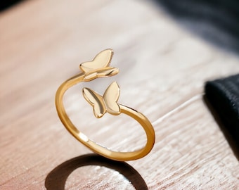 14K gouden vlinderring・Gouden vlinderring・Zilveren vlinderring・Verstelbare ring met 2 vlinders・Sierlijke ring・925 vergulde ring・Vergulde ring