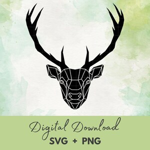 Puede incluir: Silueta geométrica de cabeza de ciervo en blanco y negro sobre un fondo de acuarela verde. Descarga digital de archivos SVG y PNG.