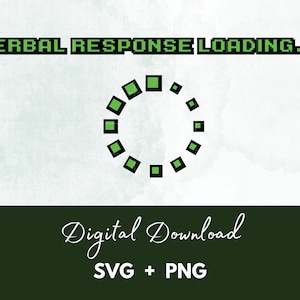 Puede incluir: Una descarga digital de un icono de carga pixelado verde y negro con el texto "VERBAL RESPONSE LOADING..." en píxeles verdes y negros. El texto "Descarga digital SVG + PNG" está en blanco sobre un fondo verde oscuro.