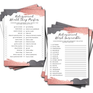 50 Rosegold-Ruhestands-Party-Spiele für Frauen, Wort-Jagd und würden sie Party-Karten bevorzugen 2-seitige 5x7-Karten für Ruhestands-Party-Spiele
