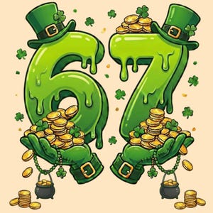 Op de afbeelding: Een kleurrijke illustratie voor St. Patrick's Day met de cijfers 67 in druipend groen, versierd met kabouterhoeden en klavers. Gouden munten stromen uit de cijfers en worden vastgehouden door groene gehandschoende handen, met een pot goud onderaan.