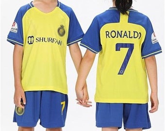 2023 Al Nassr Ronaldo #7 Nouveau maillot de football à domicile et ensemble court, tailles jeunes pour garçons et filles, maillot de football, cadeau pour les enfants