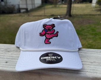 Grateful Dead Dancing Bear Golf Hat | White Rope Cap, Red Bear Patch | Retro Jerry Bear Hat | Dead n Co Gift for Music Fans and Golfers
