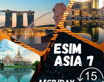 eSim Asia 7 (Singapour, Malaisie, Thaïlande, Indonésie, Cambodge, Hong Kong et Macao) - Total 1,5 Go/jour - 15 jours