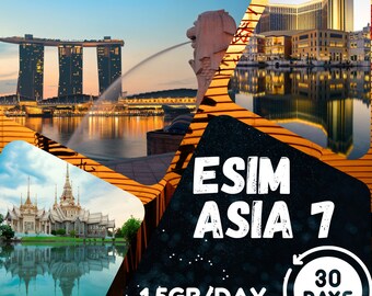 eSim Asia 7 (Singapour, Malaisie, Thaïlande, Indonésie, Cambodge, Hong Kong et Macao) - Total 1,5 Go/jour - 30 jours