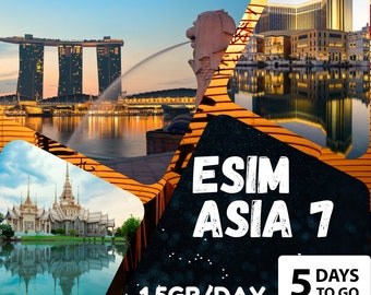 eSim Asia 7 (Singapour, Malaisie, Thaïlande, Indonésie, Cambodge, Hong Kong et Macao) - Total 1,5 Go/jour - 5 jours