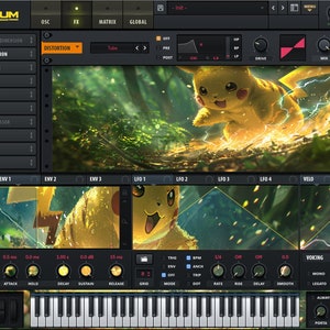 May include: A screenshot of a music production software interface with a yellow cartoon character running through a green forest. The software has a variety of controls and settings, including a keyboard, knobs, and sliders. The character is surrounded by a bright yellow glow.