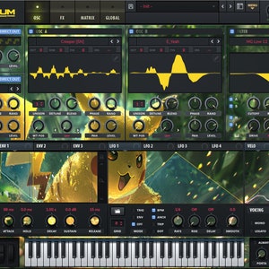 Puede incluir: Una captura de pantalla de una interfaz de estación de trabajo de audio digital (DAW) con un personaje amarillo Pikachu en el fondo. La interfaz presenta una variedad de controles para crear y manipular el sonido, incluidos osciladores, filtros, envolventes y efectos. El texto "SERUM" se muestra en la parte superior de la interfaz.