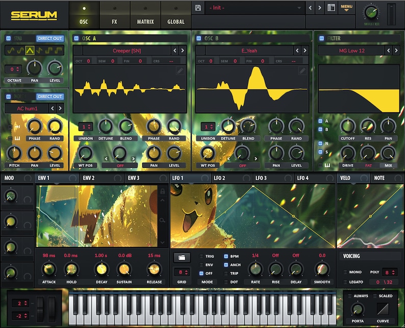 May include: A screenshot of a digital audio workstation (DAW) interface with a yellow Pikachu character in the background. The interface features a variety of controls for creating and manipulating sound, including oscillators, filters, envelopes, and effects. The text "SERUM" is displayed at the top of the interface.