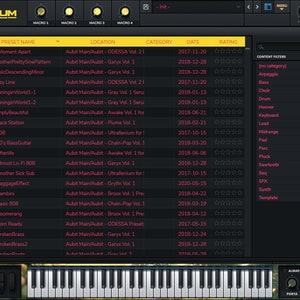 May include: A screenshot of a digital audio workstation (DAW) interface showing a list of presets for the Serum synthesizer plugin. The presets are organized by category and include names like "A Moment Apart", "Another PrettySinePattern", and "BasicDescendingMinor". The interface also includes a keyboard and a set of controls for adjusting the sound.
