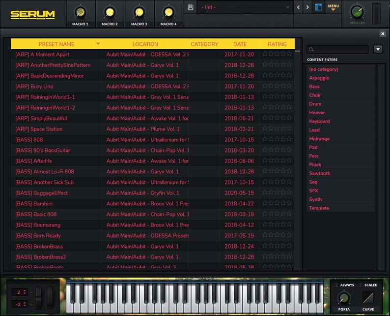 May include: A screenshot of a digital audio workstation (DAW) interface showing a list of presets for the Serum synthesizer plugin. The presets are organized by category and include names like "A Moment Apart", "Another PrettySinePattern", and "BasicDescendingMinor". The interface also includes a keyboard and a set of controls for adjusting the sound.
