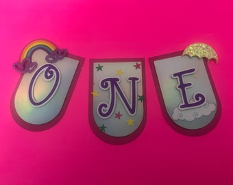 Banner de arcoíris, un banner, banner de nubes, banner de cumpleaños, banner temático, fiesta de niñas, un cumpleaños, fiesta temática de arcoíris, fiesta de bebés