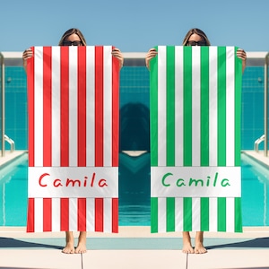 Striped Beach Towel, Personalized Custom Name, Birthday Vacation Gift, Custom Beach Towel, Kids Beach Towel, Vintage Stripe Beach Bath Towel