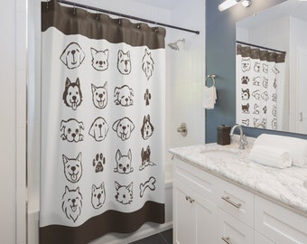 Rideau de douche Emoji Chiens l Décoration de salle de bain l Design personnalisé l Rideau moderne l Rideau de douche pour la salle de bain l Antidérapant l Imperméable l Polyester
