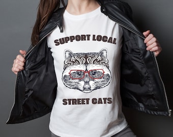 Support Your Local Street Cats Retro T-Shirt Funny Trash Pandal Graphic T-shirt Raccoon Shirt Vintage Possum Gag Unisex Tee Animal Lover