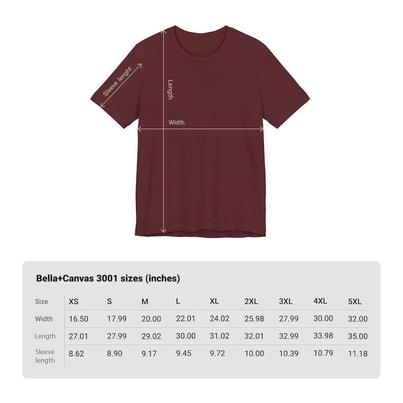 May include: A size chart for Bella+Canvas 3001 t-shirts, showing measurements in inches for sizes XS through 5XL. The chart includes width, length, and sleeve length.