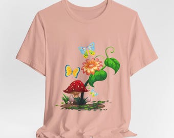 キノコと野の花のシャツ 野の花 キノコ 植物 キノコと花柄のシャツ 植物Tシャツ 野の花のガーデンTシャツ 自然愛好家のシャツ