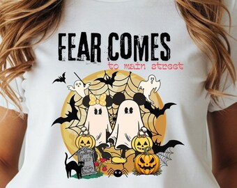 Camiseta de Halloween "Disney Fear Comes To Main Street", truco o trato, temporada espeluznante, regalo de fiesta de Halloween, regalo para ella, camiseta de calabaza de Halloween