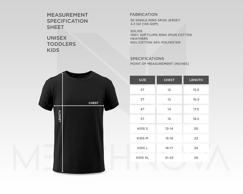 May include: Black t-shirt with a measurement specification sheet for unisex toddlers and kids. The sheet includes chest and length measurements in inches for sizes 2T to XL. The fabrication details are also listed.
