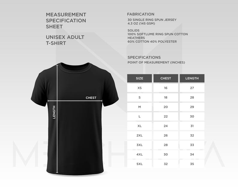May include: Black unisex adult t-shirt with a measurement specification sheet. The sheet includes size, chest, and length measurements in inches. The fabrication details include 30 single ring spun jersey and 100% softlume ring spun cotton.