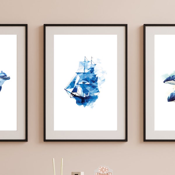 Whale & Sailboat Nursery Print set | Dolphin baby room poster | blue coastal baby room posters |  Dolphin beach house wall art