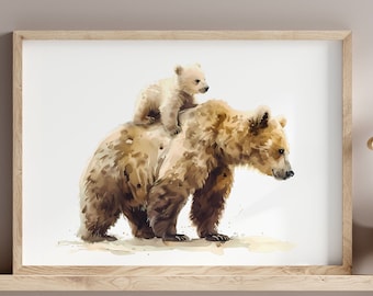 Watercolor mama and baby bear print | woodland sleepy baby bear poster | woodland nursery bear painting | mama brown bear painting