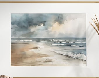 May include: A watercolor painting of a seascape with a stormy sky and waves crashing on the shore. The painting is framed in a gold frame and is hanging on a white wall.