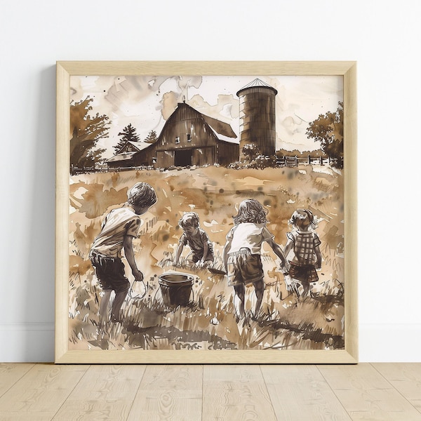 Watercolor and Ink Family Painting | Farm landscape painting | Vintage Art | Children playing | Pen and Ink