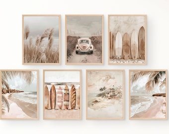 May include: Set of six framed prints with a beach theme. The prints feature images of palm trees, surfboards, a vintage car, and ocean waves.