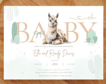 Editable Llama Baby Shower Invite | Cactus Llama Baby shower invitation | South American shower invite | Alpaca invite | teal green invite