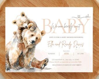 Bear Baby Shower Invite | We Can Bearly Wait shower invitation | Woodland Baby Invite | Bear Party invitation | Mama Bear card