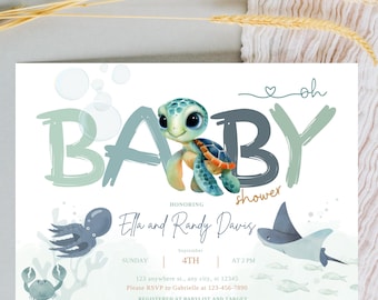 Editable Turtle Baby Shower Invite | Under the Sea party invite | sailor shower invite | Can't wait to sea you invite | Ocean baby invite