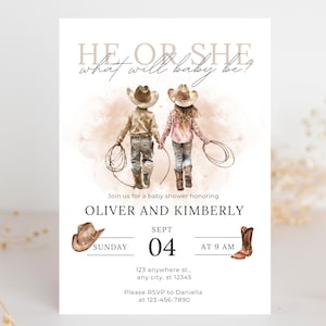 Invito per rivelazione del sesso del cowboy / Invito per baby shower con bambina western / Invito per baby shower con genere neutro western / Invito per baby shower country