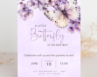 Purple Butterfly Baby Shower Invite | purple cherry blossom invitation | editable Baby Girl shower invitation template | canva invitation