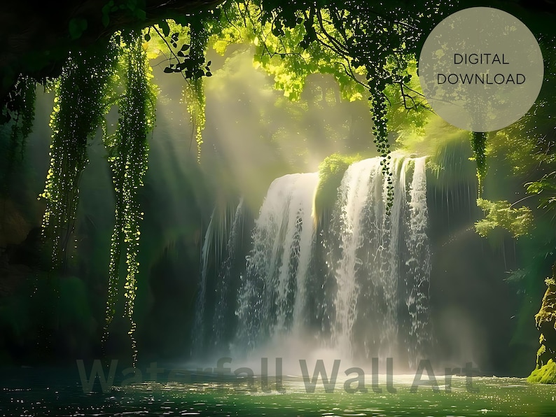 May include: A digital download of a watercolor painting of a waterfall in a lush green forest. Sunlight streams through the trees, creating a misty, ethereal atmosphere.