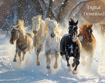 May include: A group of five horses running through a snowy field. The horses are white, brown, and black. The snow is falling and the sun is shining. The horses are running in a line, with the white horse in the lead.