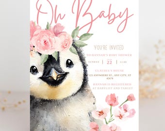 Editable Girl Penguin Baby Shower Invite | Pink Winter Baby invitation | Baby it's cold outside baby shower invite | Baby in bloom invite