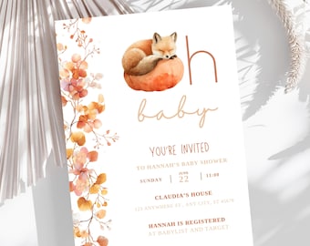 Fall Baby Shower Invite | Fox and pumpkins Baby shower invitation | Cozy autumn shower invite | gender neutral pumpkins baby shower invite