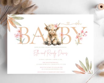 Oh Baby highland cow Shower Invite | Cow shower invitation | cowgirl baby shower invite | Country baby shower invitation | highland cow card