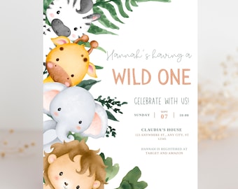 Safari themed baby shower invite | Gender-neutral wild one shower card | baby jungle animal invitation card | Watercolor African invite