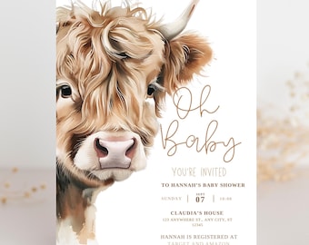 Highland Cow Baby Shower Invite | Cow shower invitation | western gender neutral shower invite | Country baby shower invitation | Baby yak