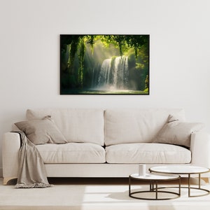 May include: A framed photograph of a waterfall cascading through lush green foliage. Sunlight streams through the trees, creating a misty, ethereal atmosphere.