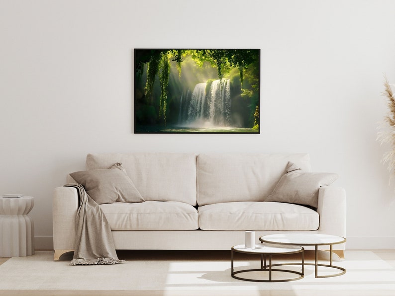 May include: A framed photograph of a waterfall cascading through lush green foliage. Sunlight streams through the trees, creating a misty, ethereal atmosphere.