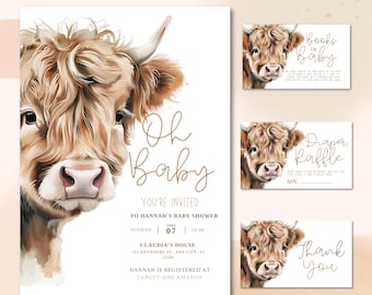 Highland Cow Baby Shower invitation set | Cow shower party invite | western gender neutral shower cards| Country baby shower bundle | Baby y