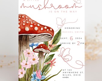 Mushroom Baby Shower Invite | Boho butterfly baby shower invitation | Minimalist butterfly shower invite | Baby in shroom shower invitation