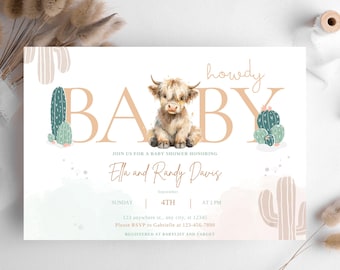 Cowboy Baby Shower Invite | highland Cow shower invitation | western baby shower invite | howdy baby shower invitation | Desert baby invite